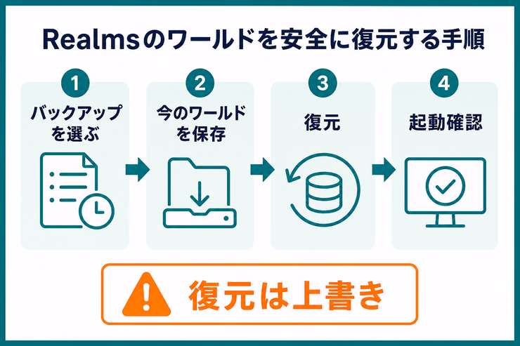 Realmsのバックアップを選び、現在のワールドを保存してから復元し、起動後に確認する安全な手順を示す図解