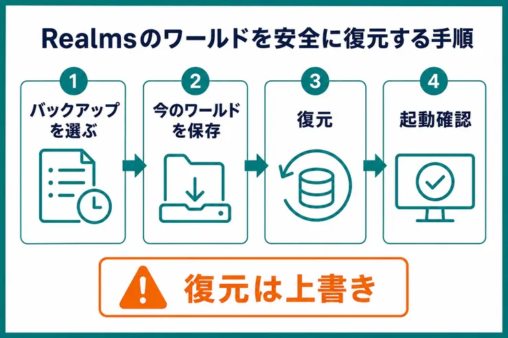 Realmsのバックアップを選び、現在のワールドを保存してから復元し、起動後に確認する安全な手順を示す図解