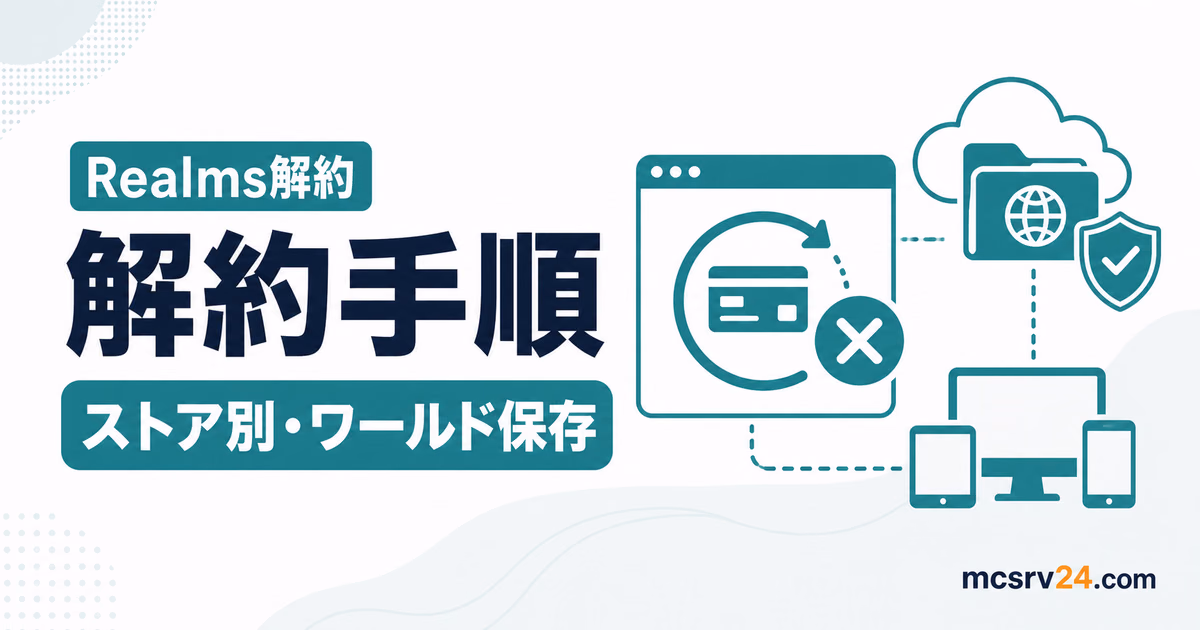 Realmsの解約手順をストア別に案内する図
