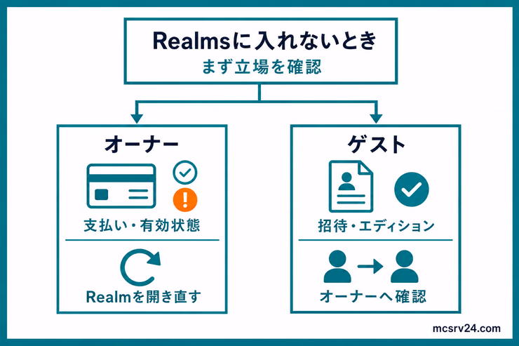 Realmsに入れないとき、オーナーは支払いと有効状態、ゲストは招待とエディションを確認する分岐を示した図解