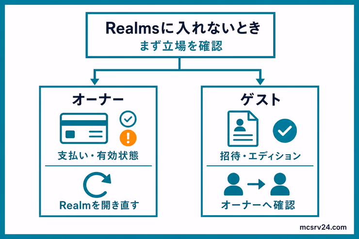 Realmsに入れないとき、オーナーは支払いと有効状態、ゲストは招待とエディションを確認する分岐を示した図解