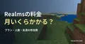 草の丘から見渡す平原と、海沿いの砂地の実ゲーム映像を背景にした、「Realmsの料金 月いくらかかる?」の記事見出し。