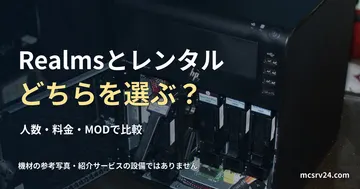 扉を開いた小型HP MicroServer、4つのドライブベイ。 Realmsとレンタルどちらを選ぶ?を扱う記事の見出し。一般機材の参考写真で、紹介サービスの設備や操作画面ではありません。
