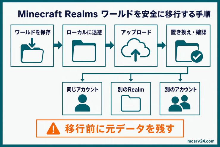 Realmsのワールドを保存してローカルに退避し、アップロードと置き換えを行う移行手順の図解