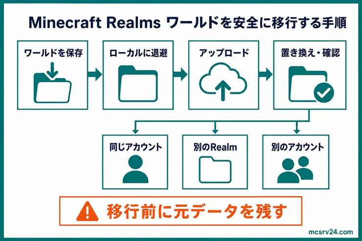 Realmsのワールドを保存してローカルに退避し、アップロードと置き換えを行う移行手順の図解