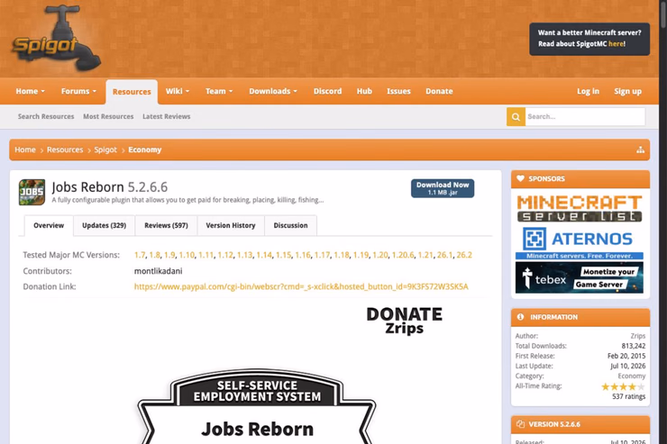 Jobs RebornのSpigotMC配布ページ