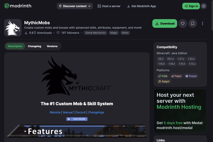 MythicMobsのModrinth配布ページ