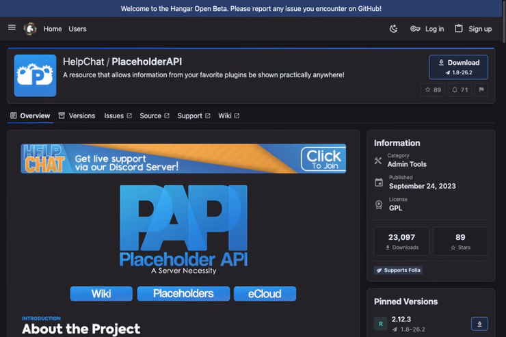 PlaceholderAPIのHangar配布ページ