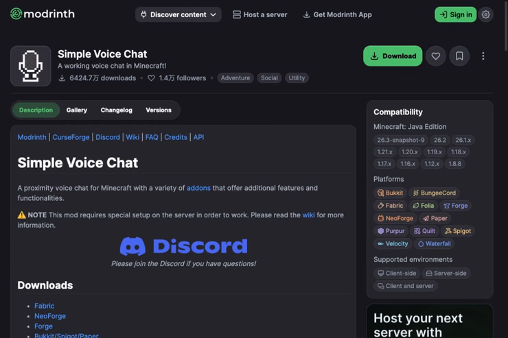 Simple Voice ChatのModrinth配布ページ