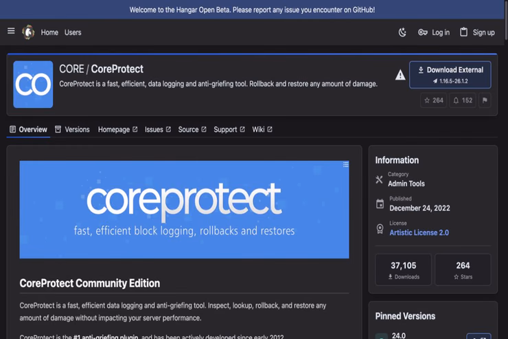 CoreProtectのHangar配布ページ