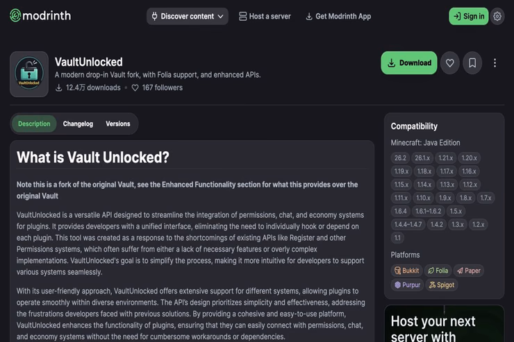 VaultUnlockedのModrinth配布ページ