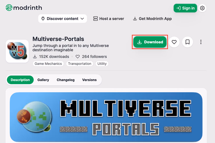 Multiverse-PortalsのModrinth配布ページで、Downloadボタンを赤枠で示したスクリーンショット