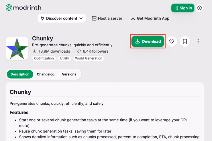 ChunkyのModrinth配布ページで、Downloadボタンを赤枠で示したスクリーンショット