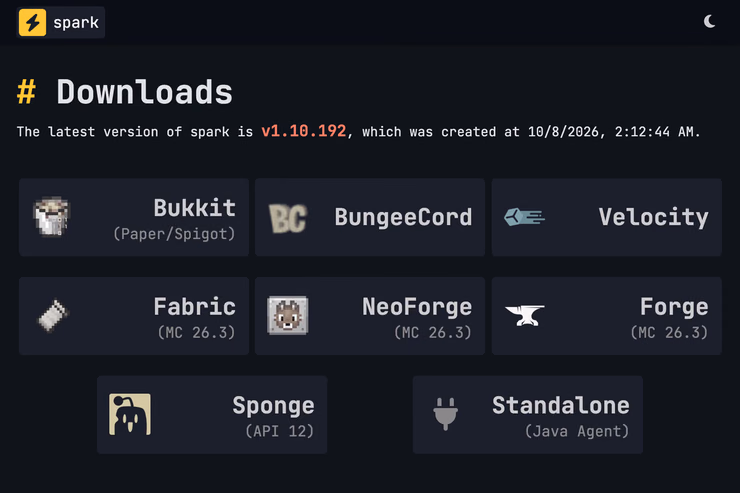 sparkの公式ダウンロードページ。Bukkit、Fabric、Forgeなどサーバーの種類ごとに配布ファイルが並んでいる