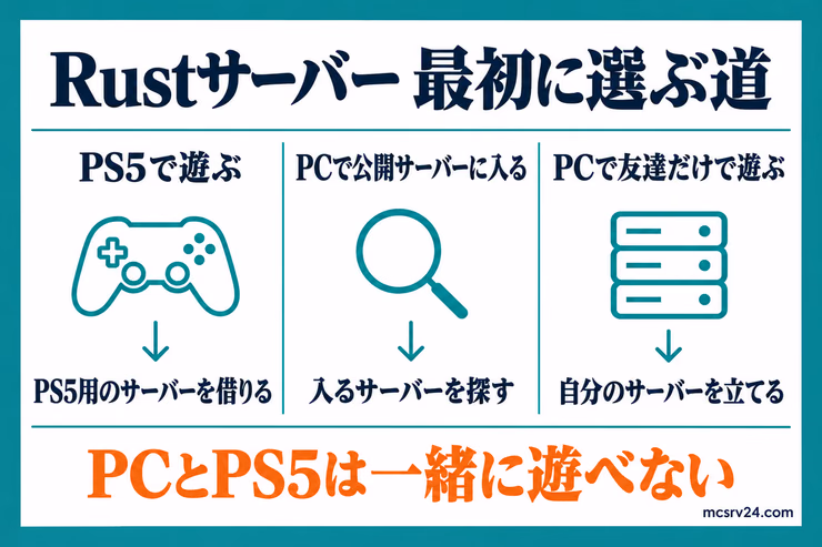 Rustサーバーで最初に選ぶ道を、PS5で遊ぶ、PCで公開サーバーに入る、PCで友達だけで遊ぶの3つに分けた図解