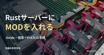 サーバー内部の参考写真と、RustサーバーのMOD導入の見出し。実行画面や動作検証ではない