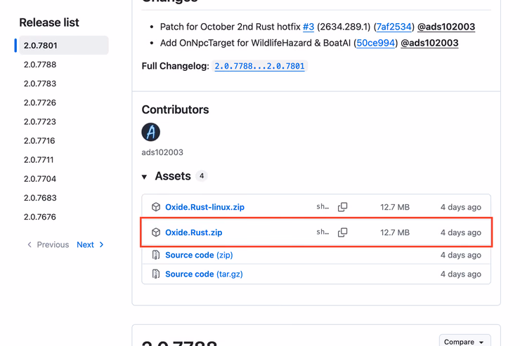Oxide.RustのGitHub Releasesページで、最新リリースのAssets欄にあるOxide.Rust.zipを赤枠で示したスクリーンショット