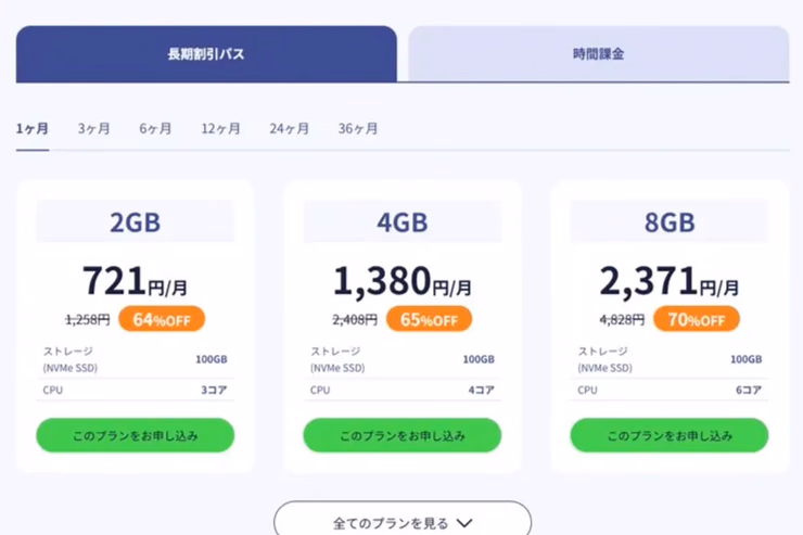 ConoHa for GAMEの料金画面で、長期割引パスと時間課金を選べることがわかる