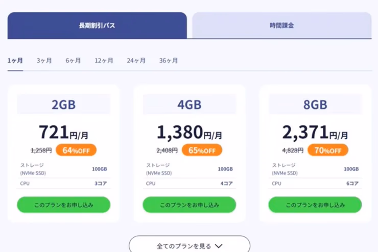 ConoHa for GAMEの料金画面で、長期割引パスと時間課金を選べることが分かる