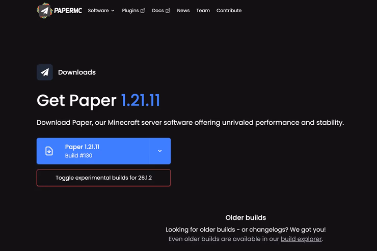 PaperMC公式サイトのダウンロード画面。Paper 1.21.11のダウンロードボタンが表示され、ファイルを落とすだけで使い始められることを示している
