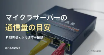 LANケーブルを接続したネットワークスイッチの実物写真と、マイクラサーバーの通信量の見出し