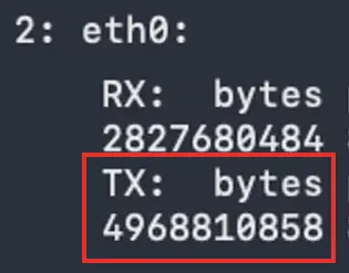 eth0のRXとTXのbytes欄の部分拡大。TX bytesの値4968810858を赤枠で示している