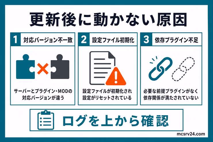 アップデート後にプラグインやMODが動かない原因を示す図解。対応バージョン不一致、設定ファイル初期化、依存プラグイン不足を確認する流れ
