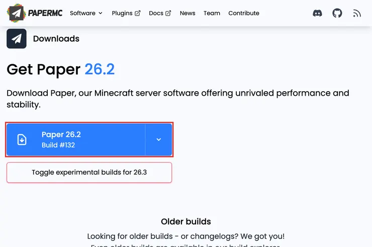 PaperMC公式のダウンロードページで、最新版のPaperをダウンロードする青いボタンを赤枠で示したスクリーンショット