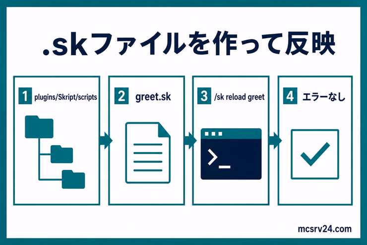 plugins/Skript/scriptsにgreet.skを作り、/sk reload greetで反映する流れを示した図解