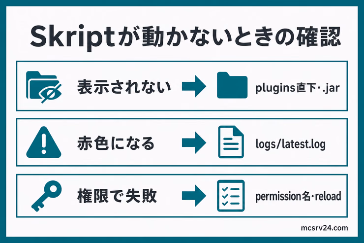 Skriptが動かないときに表示されない、赤色になる、権限で失敗する症状ごとの確認先を示した図解