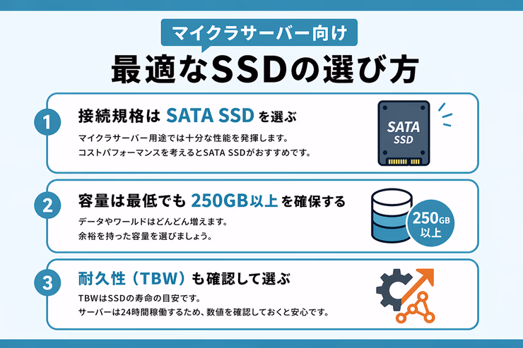 「サーバー向け最適なSSDの選び方」のインフォグラフィック。SATA SSDを選ぶ、250GB以上確保する、耐久性TBWを確認する3ポイント