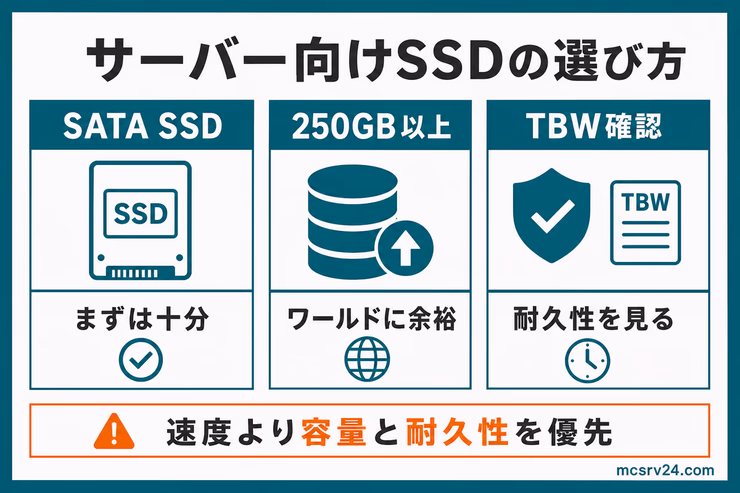 「サーバー向け最適なSSDの選び方」のインフォグラフィック。SATA SSDを選ぶ、250GB以上確保する、耐久性TBWを確認する3ポイント