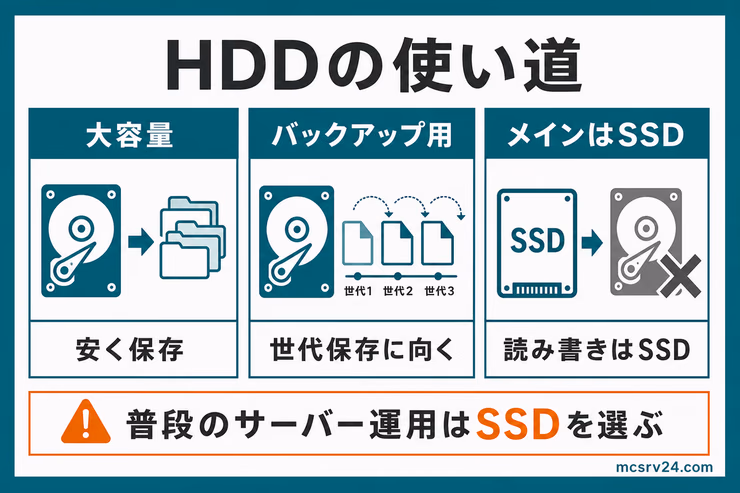 「HDDの特徴を活かせる使い道」のインフォグラフィック。コストを抑えて大容量を確保でき、バックアップ用として使えることを説明