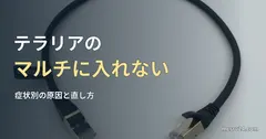 白い背景に置かれた黒いLANケーブルの写真と、テラリアのマルチに入れないときの直し方の記事見出し。参考写真で、テラリアのゲーム画面ではない