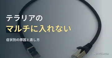 白い背景に置かれた黒いLANケーブルの写真と、テラリアのマルチに入れないときの直し方の記事見出し。参考写真で、テラリアのゲーム画面ではない