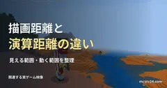 遠くの海と地形を見渡す実ゲーム映像と、描画距離と演算距離の違いの見出し