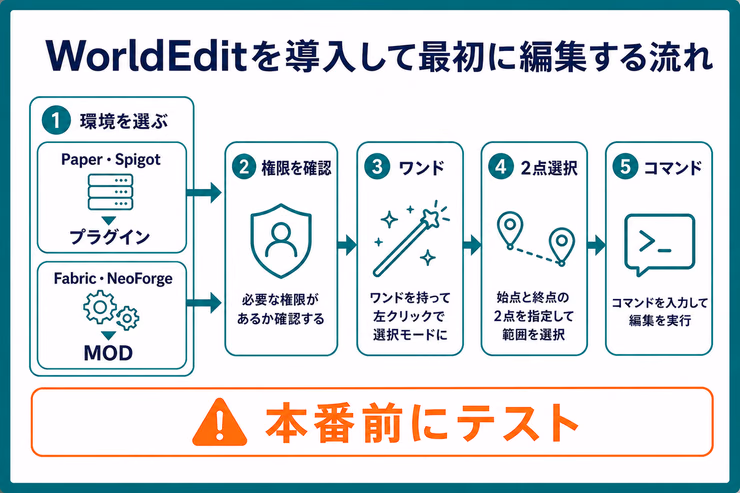WorldEditをPaper・Spigotではプラグイン、Fabric・NeoForgeではMODとして導入し、権限確認から最初の編集まで進む図解