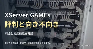 白いラック内のD-Linkスイッチと整った灰色配線、パッチパネル。 XServer GAMEs評判と向き不向きを扱う記事の見出し。一般機材の参考写真で、紹介サービスの設備や操作画面ではありません。