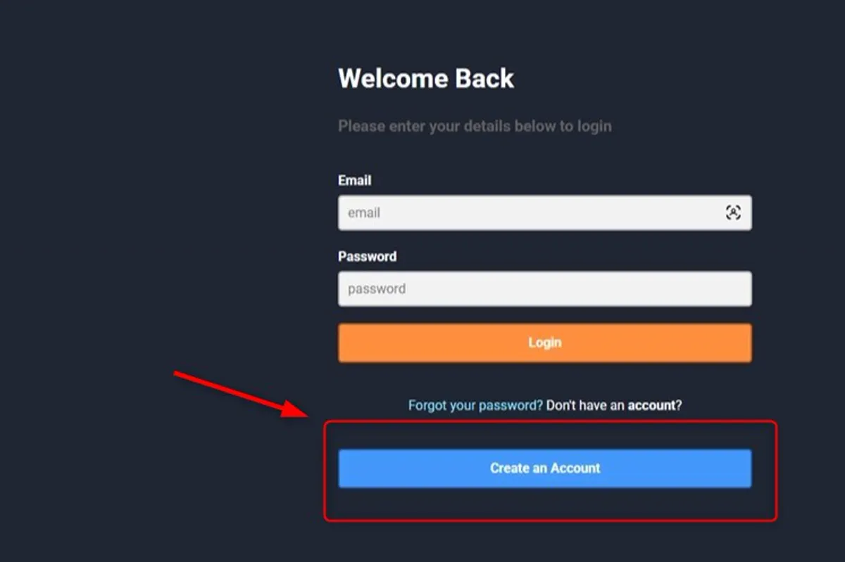 ログイン画面で「Create an Account」ボタンが強調表示されている
