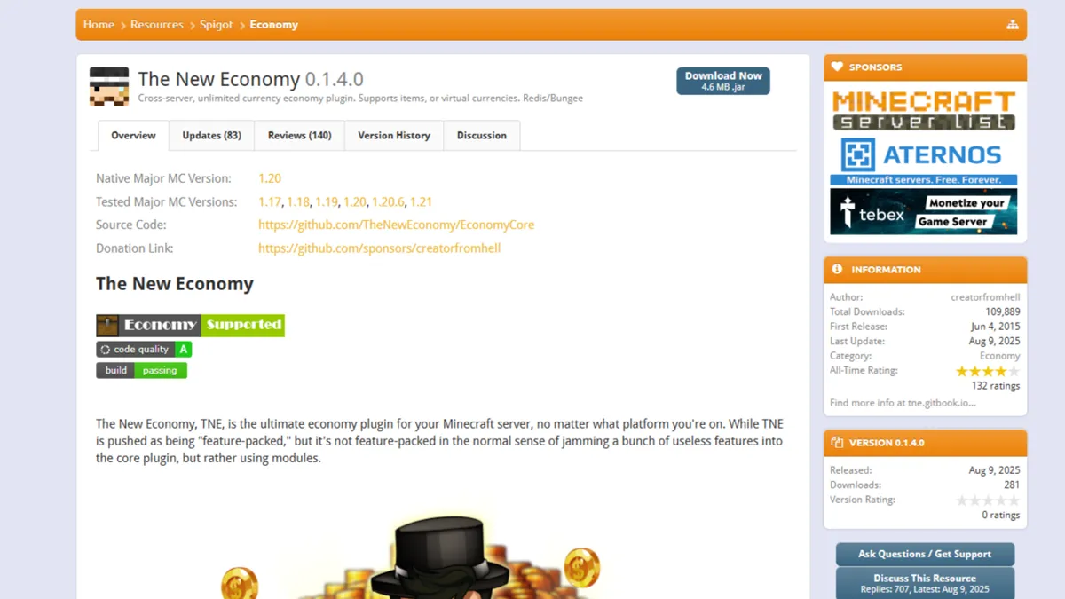 SpigotのEconomyプラグイン「The New Economy」のページ
